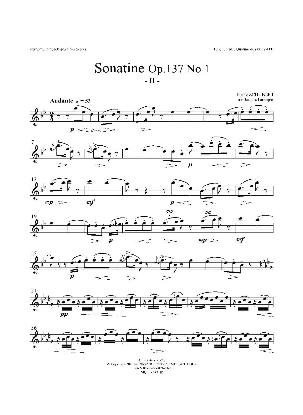 Sonatine Op.137 No 1（四重奏次中音萨克斯分谱）