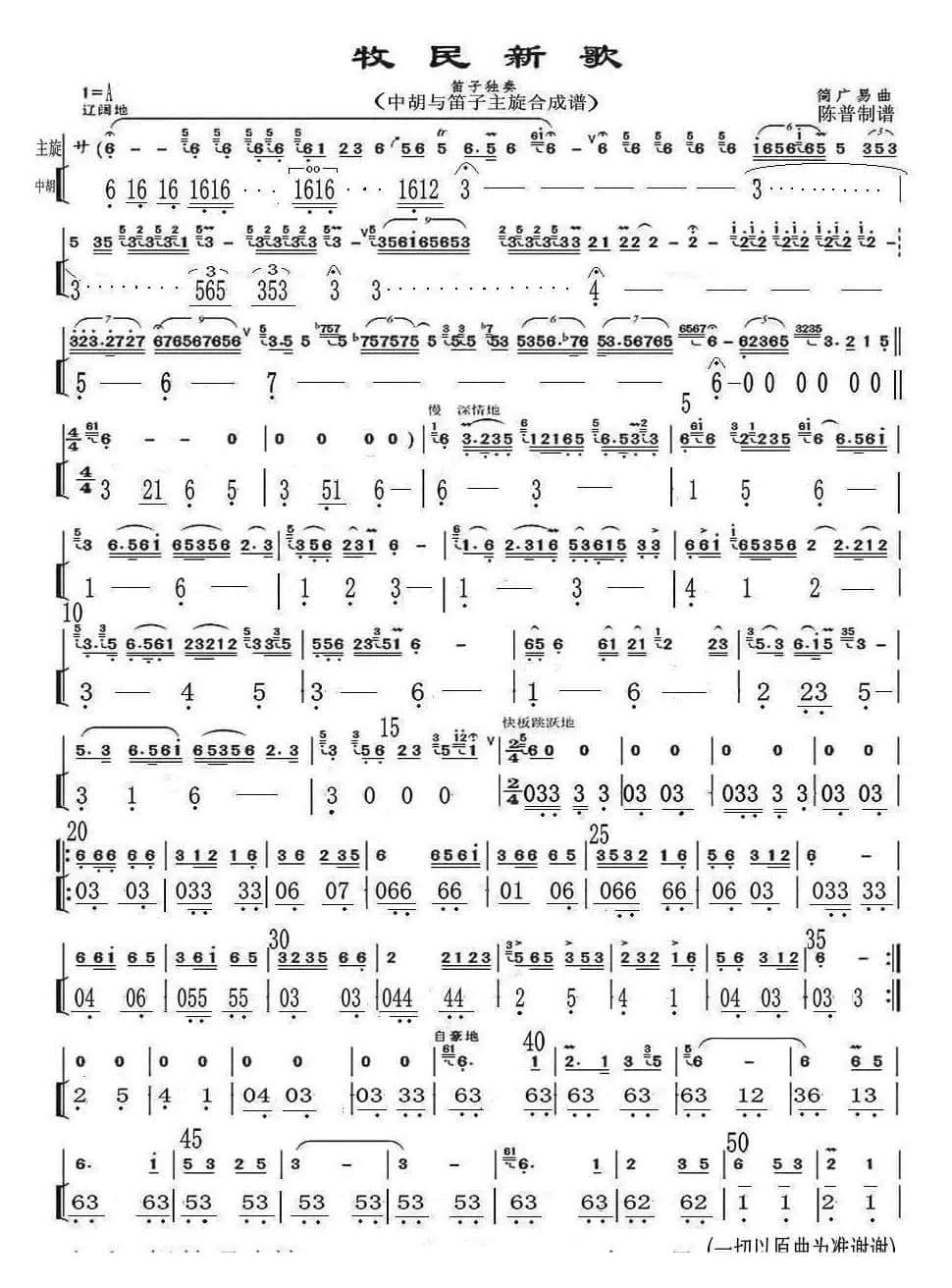 牧民新歌（中胡与笛子主旋合成谱）