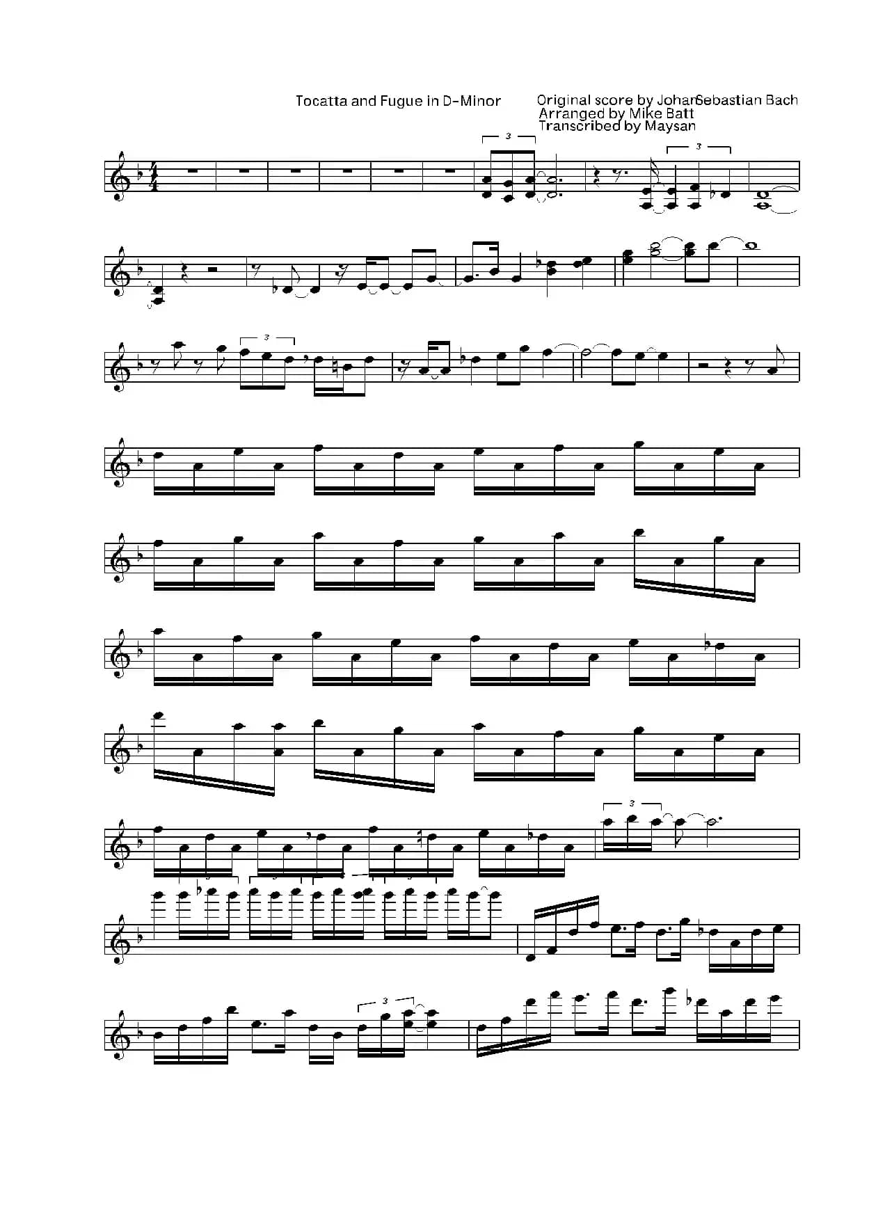 Tocatta and Fugue in D-Minor（小提琴谱）