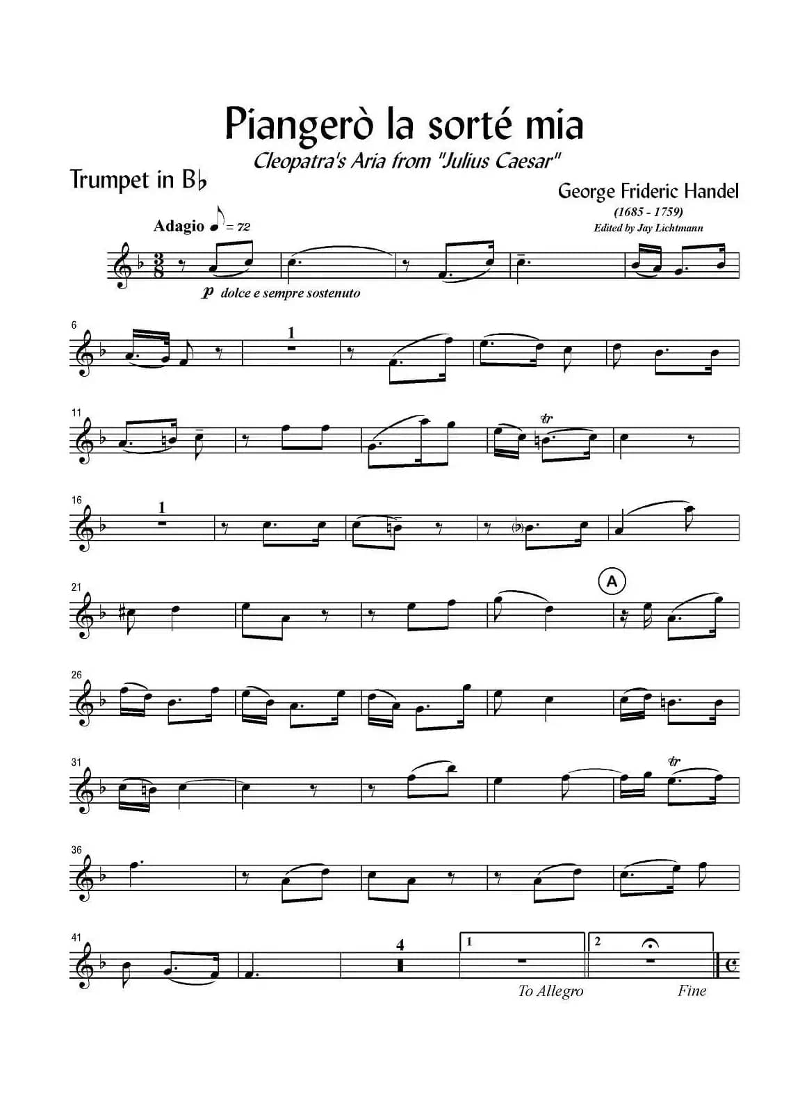 Piangero la sorte mia（小号谱）