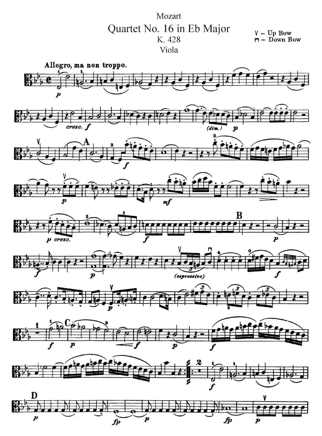 Mozart《Quartet No.16 in Eb Major,K.428》（Viola分谱）