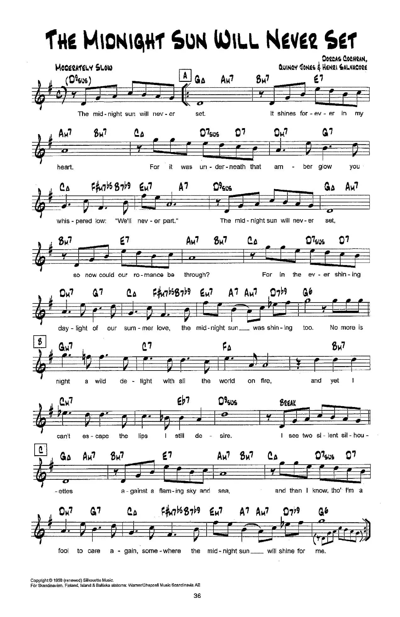 降B爵士乐谱：THE MIONIGHT SUN WILL NEVER SET