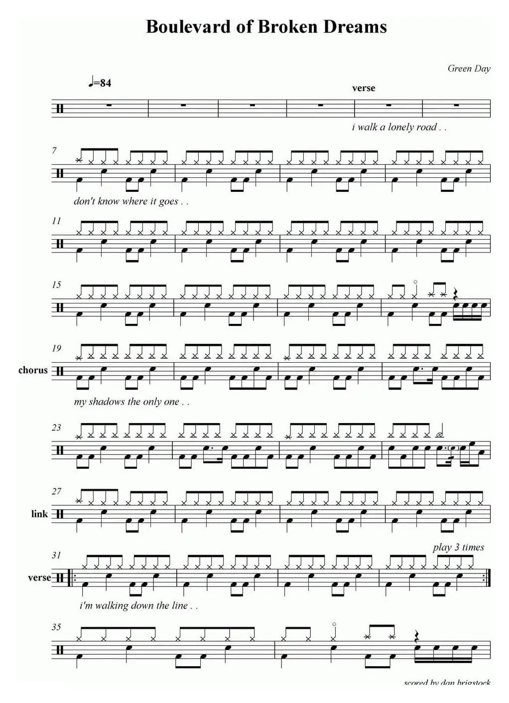 爵士鼓谱：Green Day - Boulevard of Broken Dreams