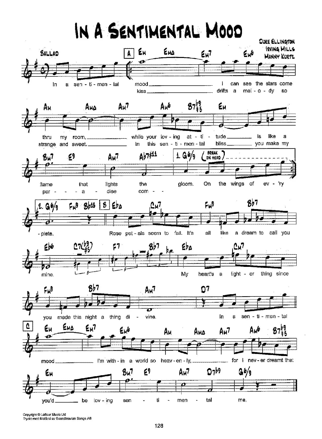 降B爵士乐谱：IN A SENTIMENTAL MOOD