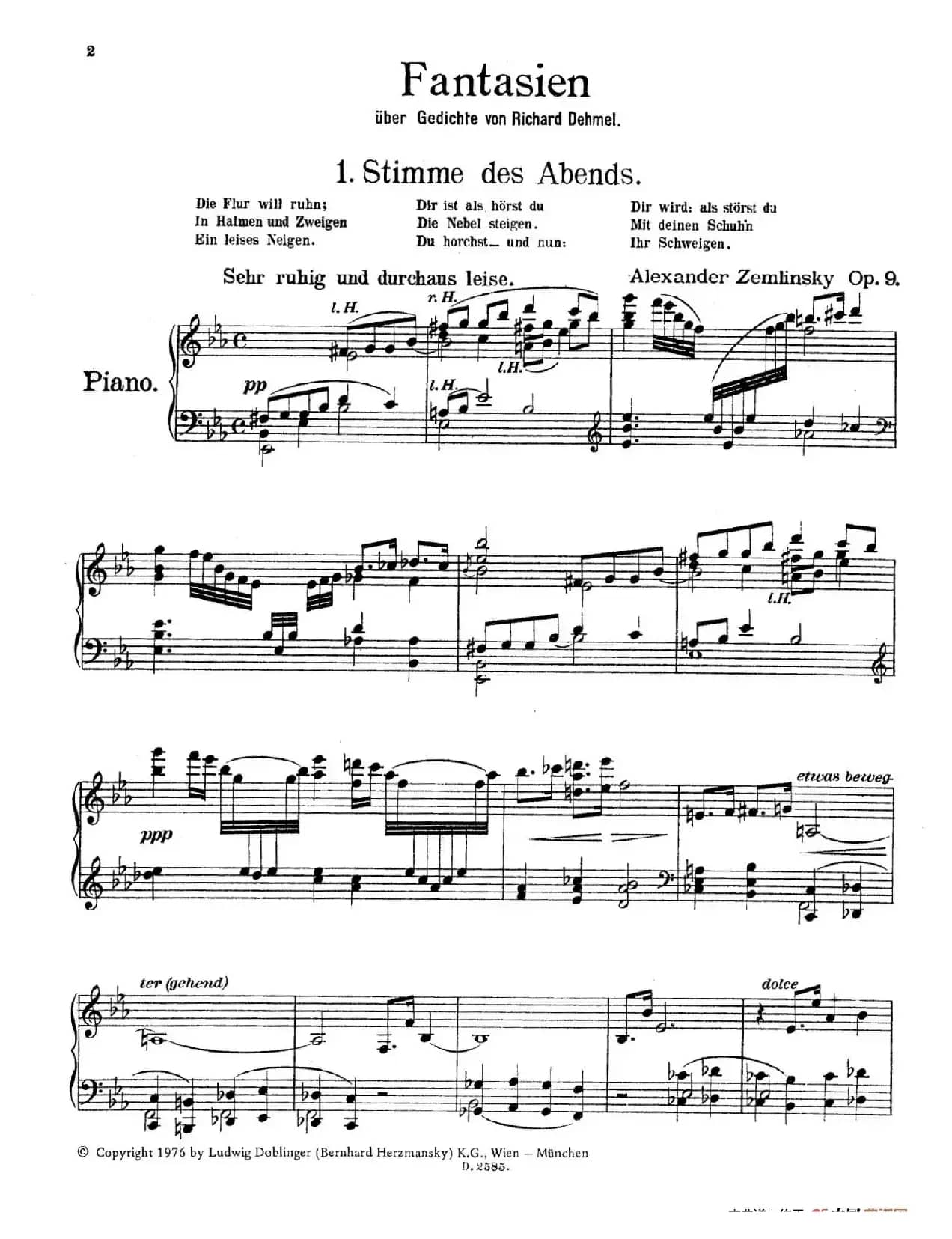 Fantasien über Gedichte von Richard Dehmel Op.9（德默尔之诗幻想曲1. 黄昏之声）