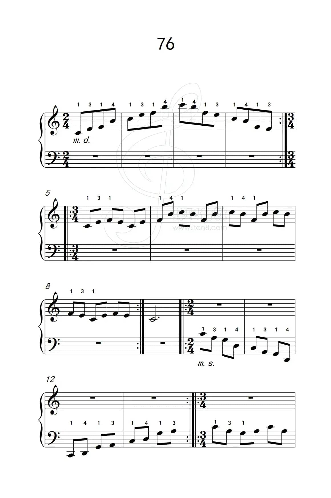 使大指灵活转动的单手练习 76（儿童钢琴手指练习 2）