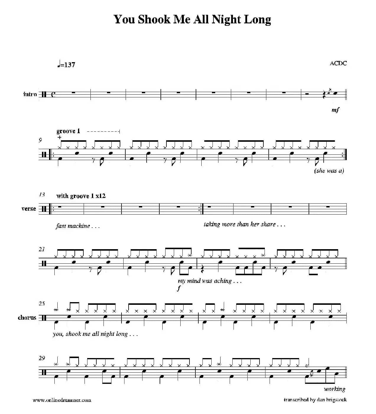 You Shook Me All Night Long（鼓谱）