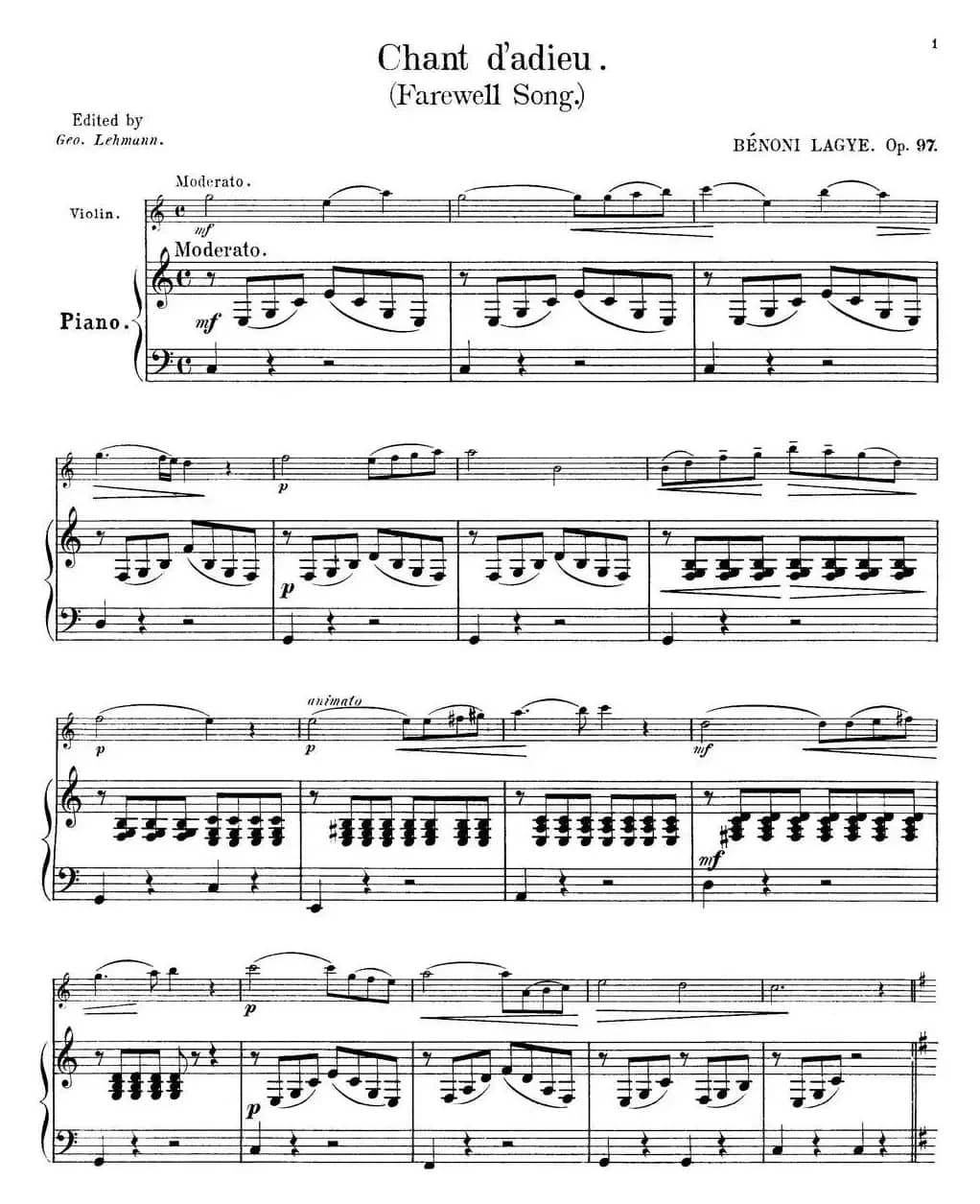 25首小提琴曲合集：Chant d'adieu.（Farewell Song.）（BENONI LAGYE.Op.97）（小提琴+钢琴伴奏）
