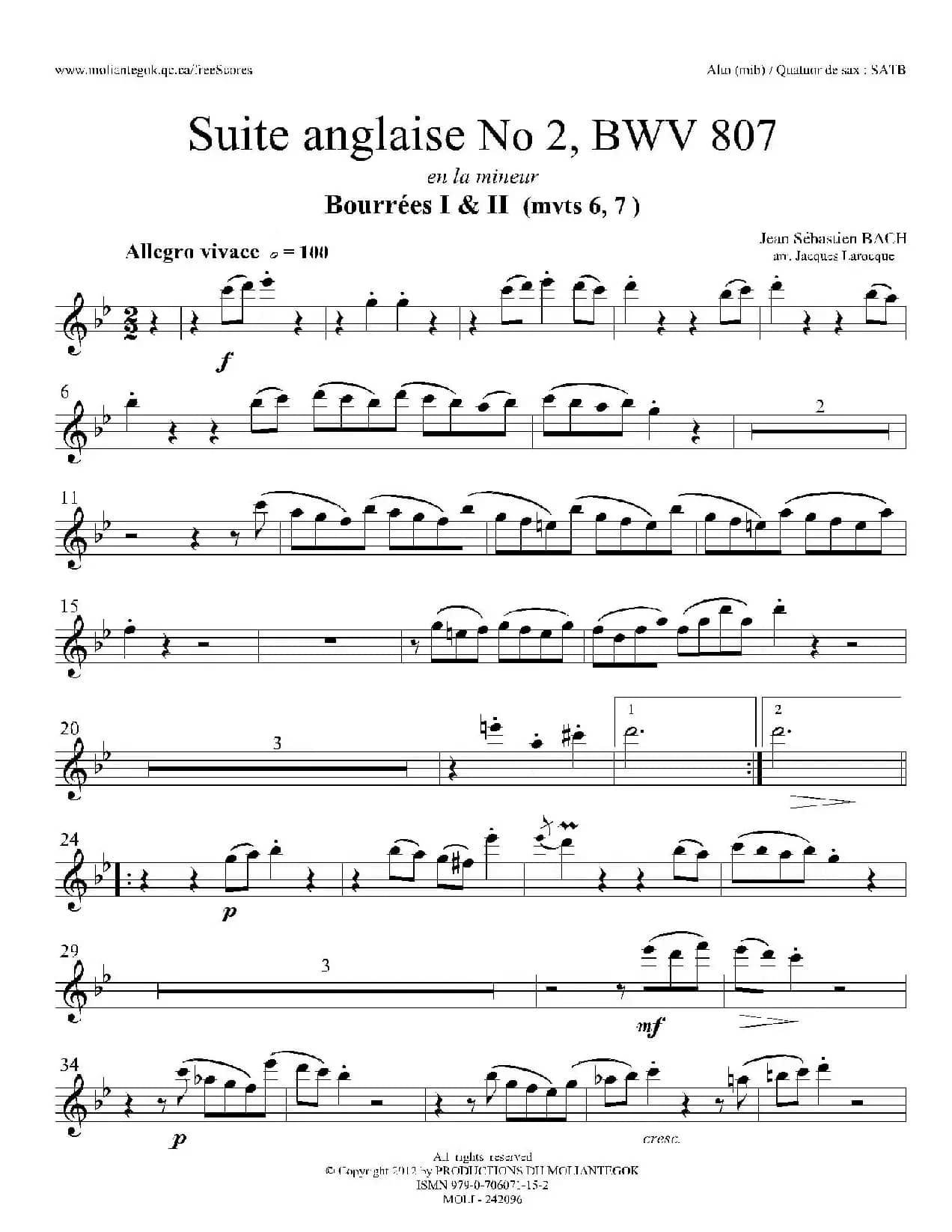Suite anglaise No 2,BWV 807（法国组曲之二·布列舞曲）（中音萨克斯分谱）