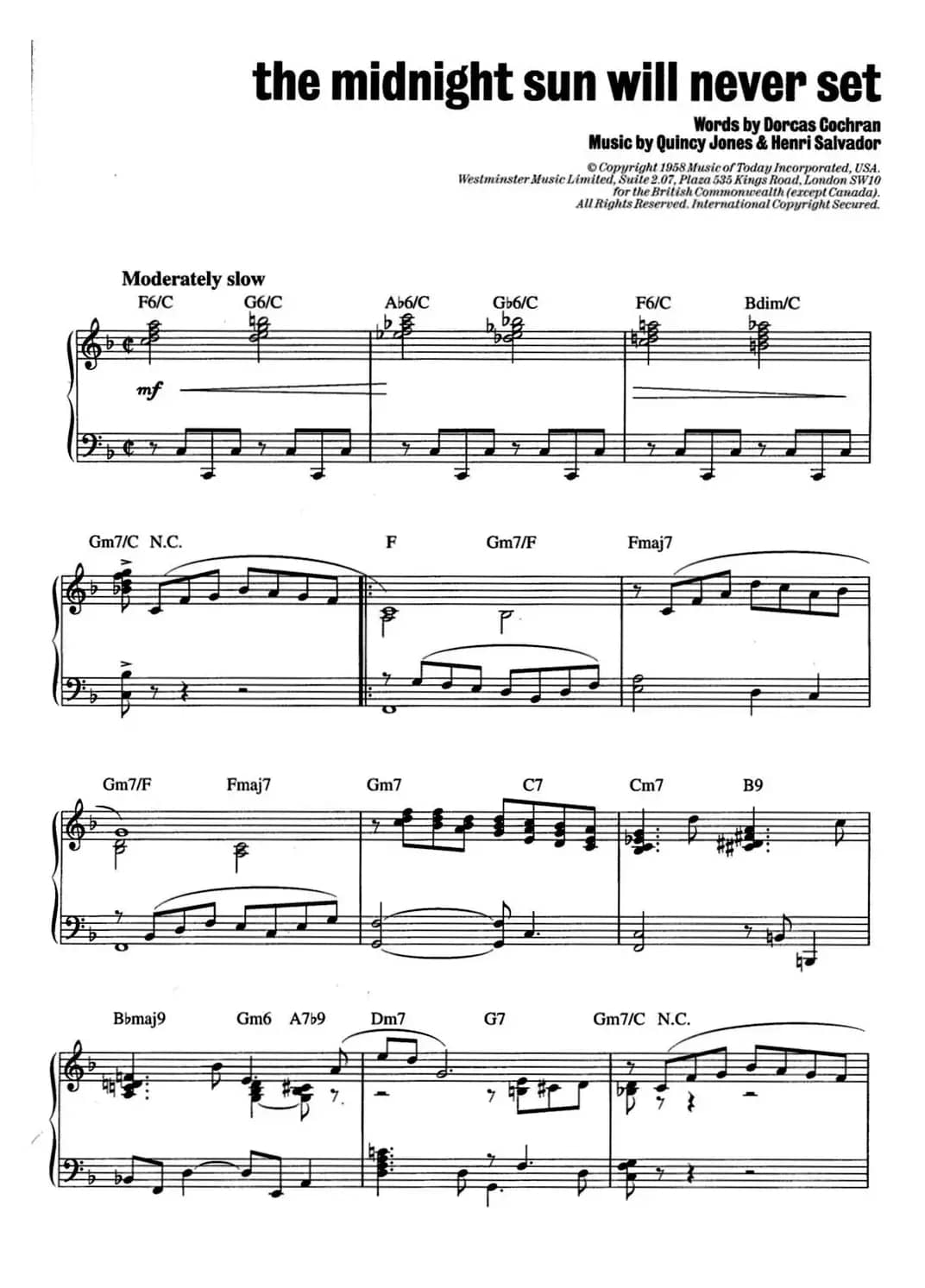 The Midnight Sun Will Never Set（爵士钢琴酒吧独奏钢琴谱）