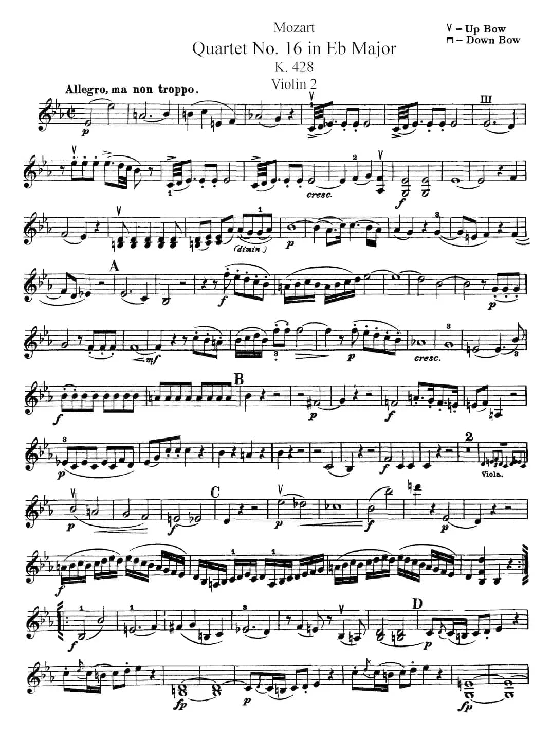 Mozart《Quartet No.16 in Eb Major,K.428》（Violin 2分谱）