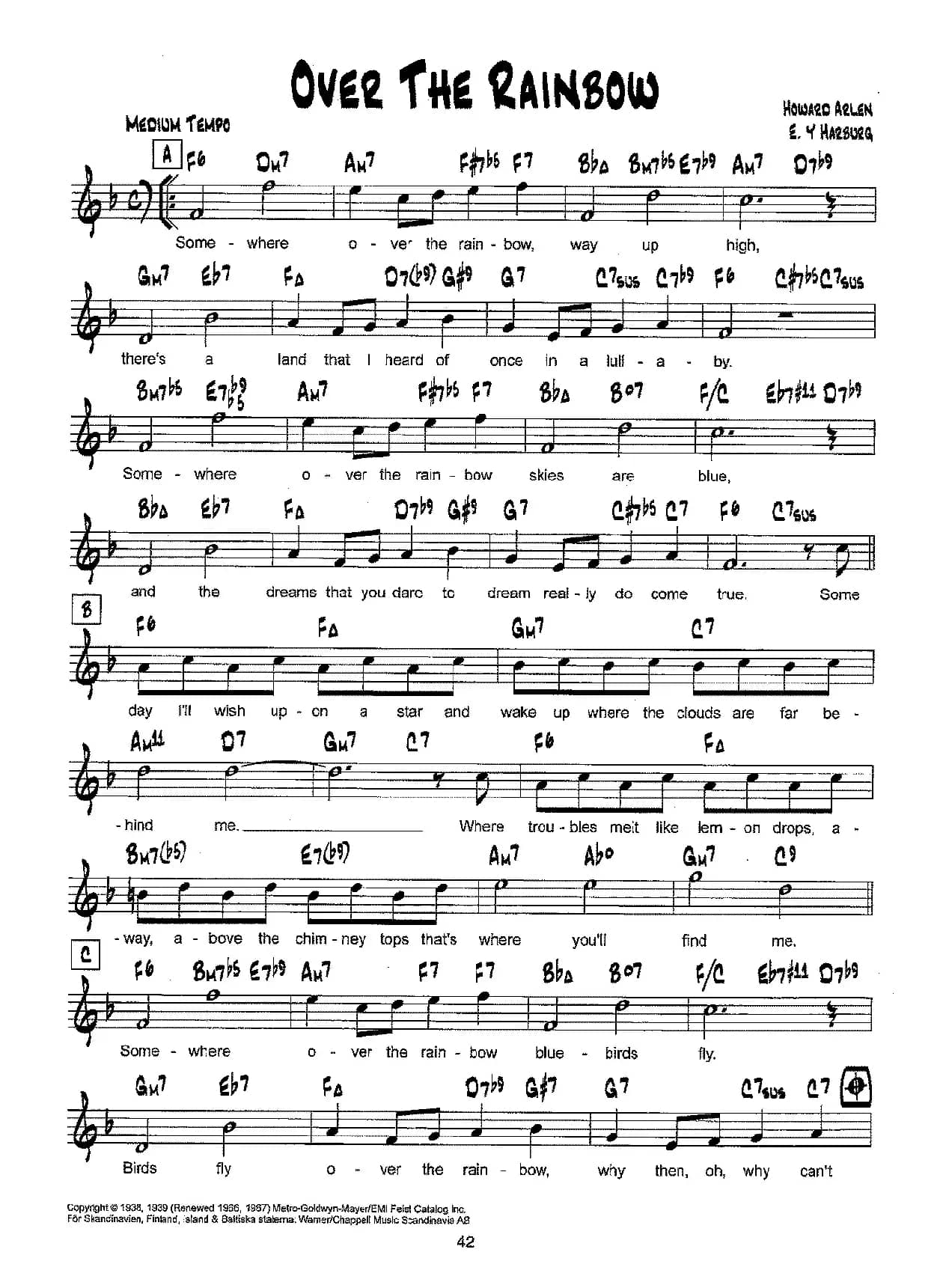 降B爵士乐谱：OVER THE RAINBOW