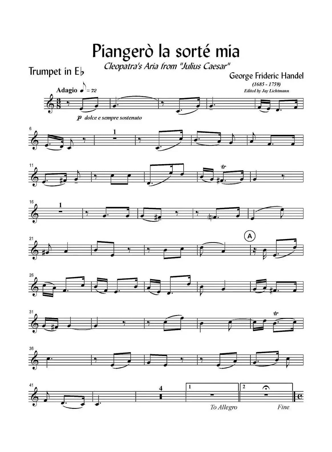 Piangero la sorte mia（小号谱）