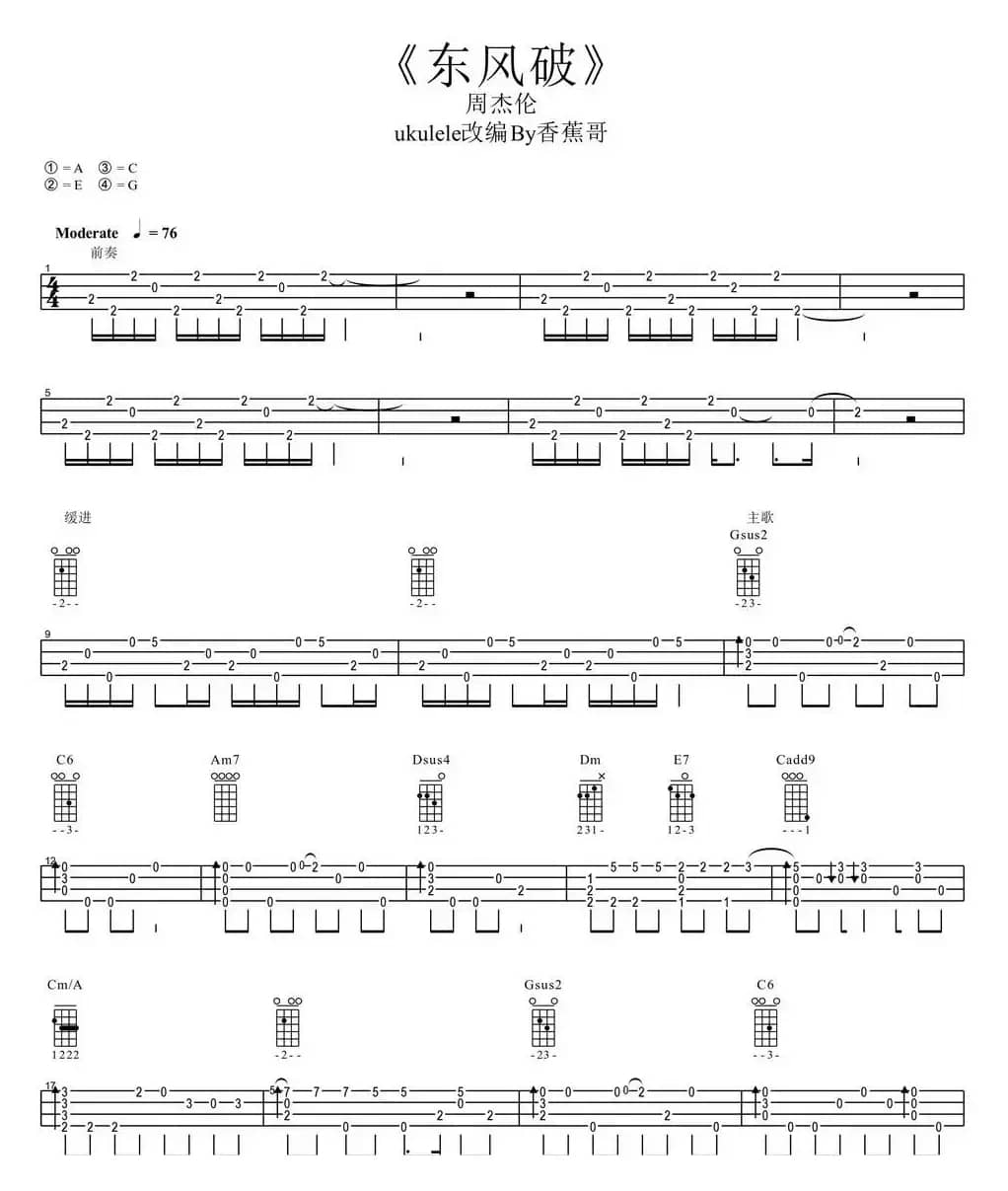 东风破（尤克里里指弹谱）