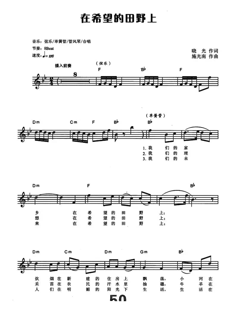 在希望的田野上（电子琴弹唱谱）