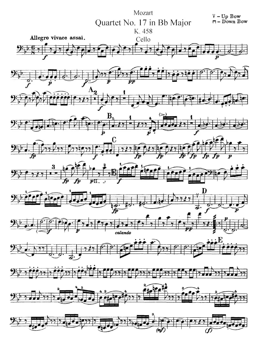 Mozart《Quartet No.17 in Bb Major,K.458》（Cello分谱）