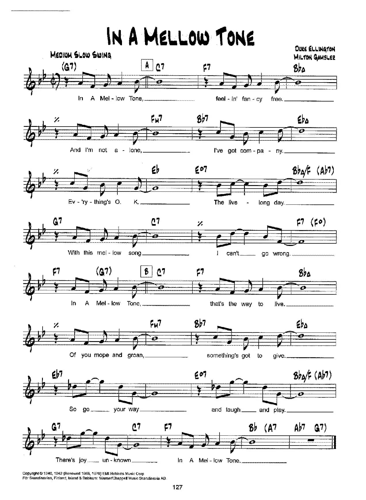 降B爵士乐谱：IN A MELLOW TONE