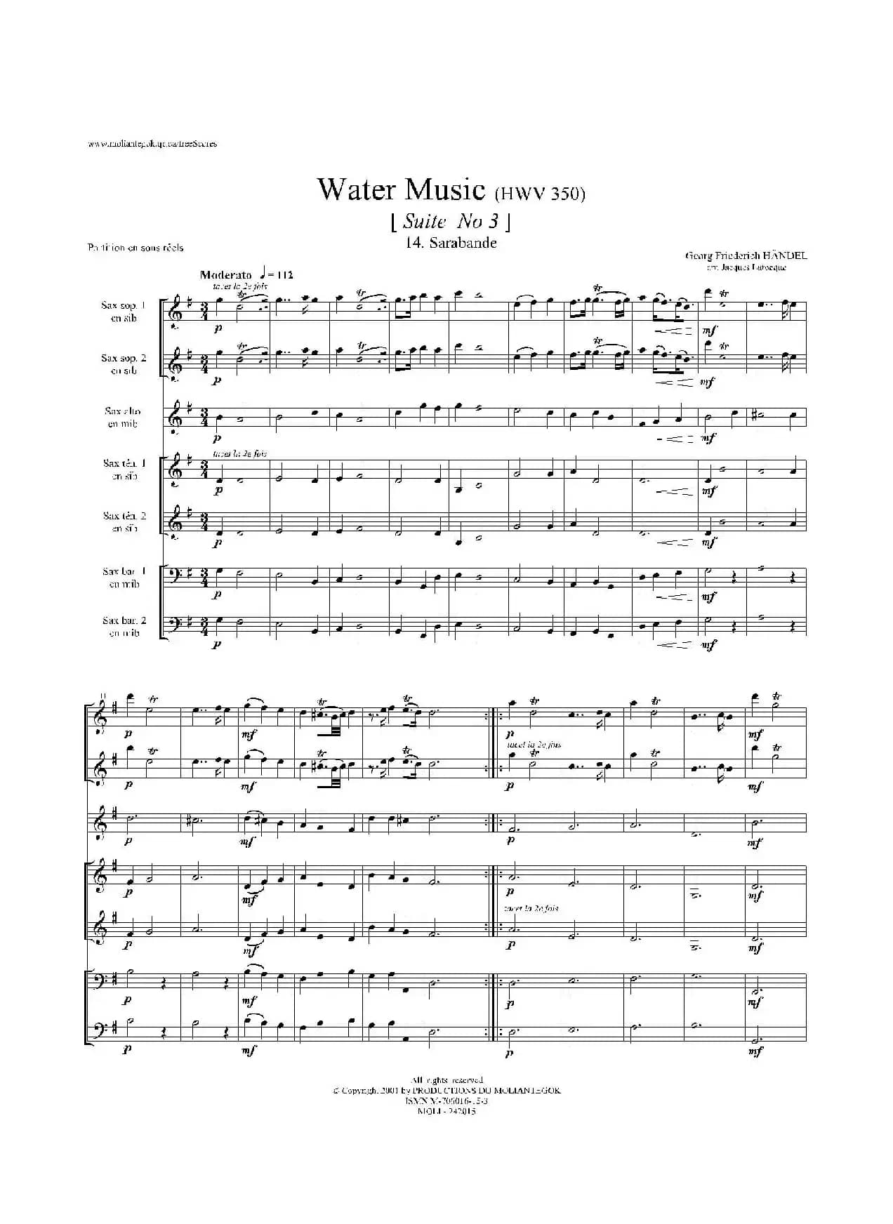 Water Music（HWV.350 No.3）（萨克斯合奏总谱）