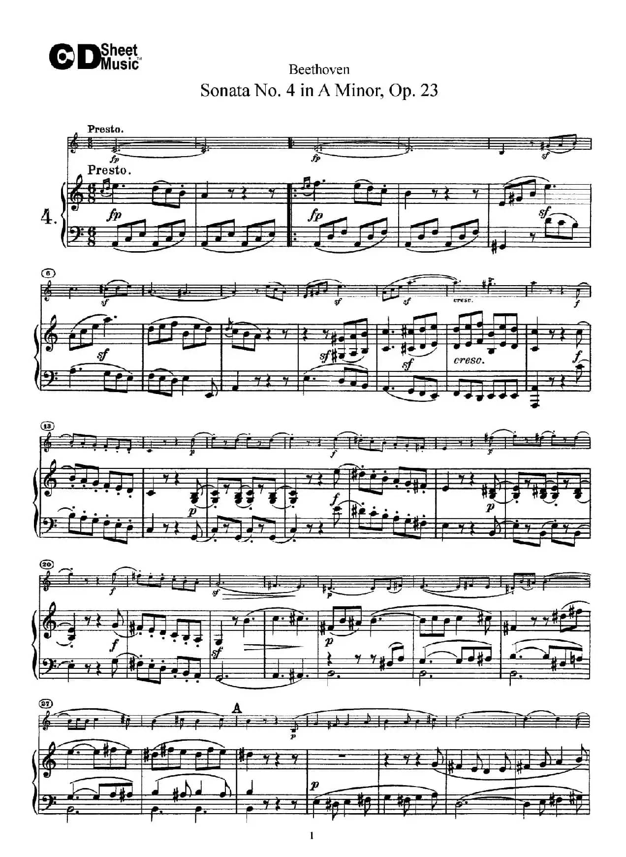 A小调第四小提琴奏鸣曲（Sonata No.4 in A Minor Op.23）（小提琴+钢琴伴奏）