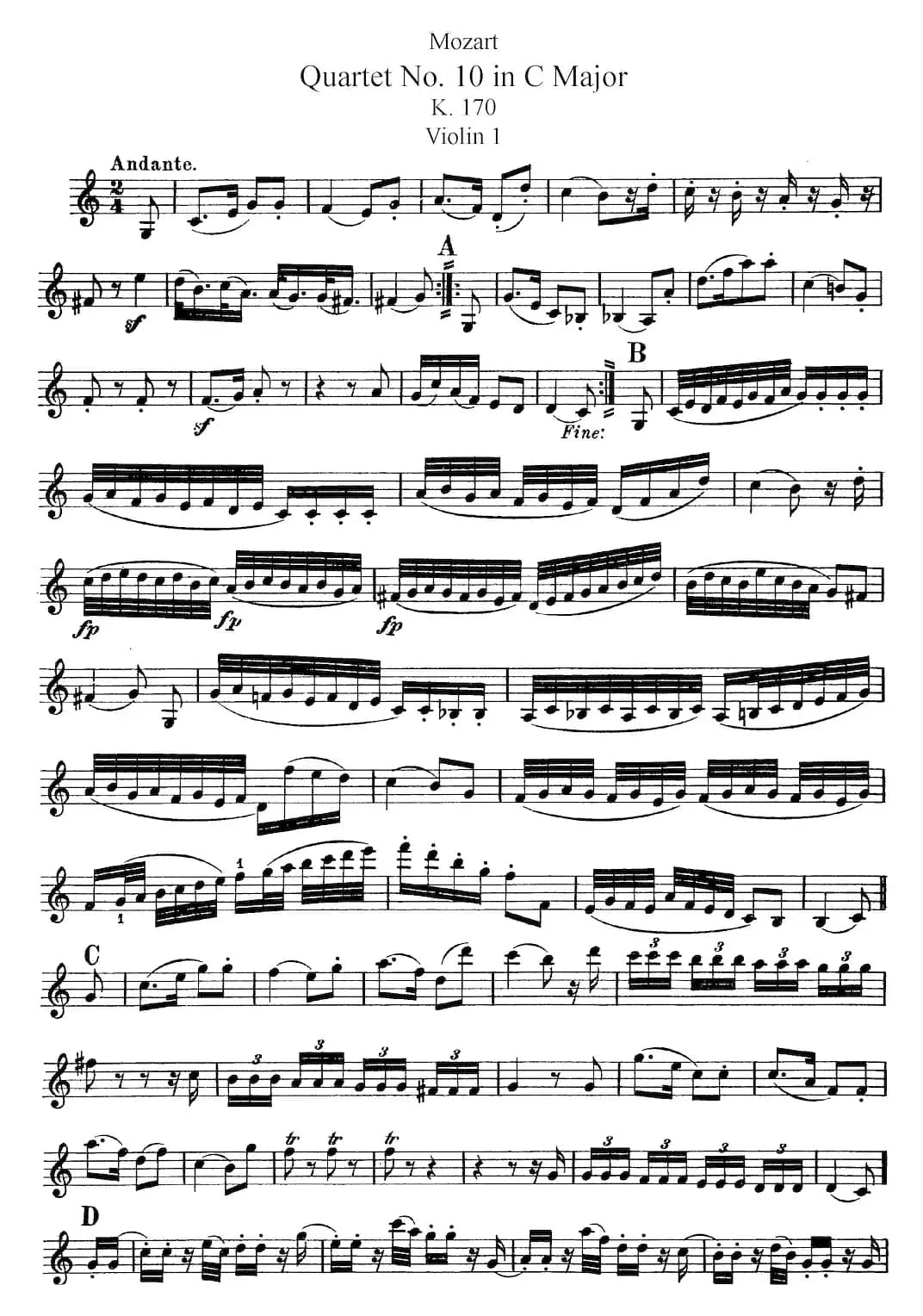 Mozart《Quartet No.10 in C Major,K.170》（Violin 1分谱）