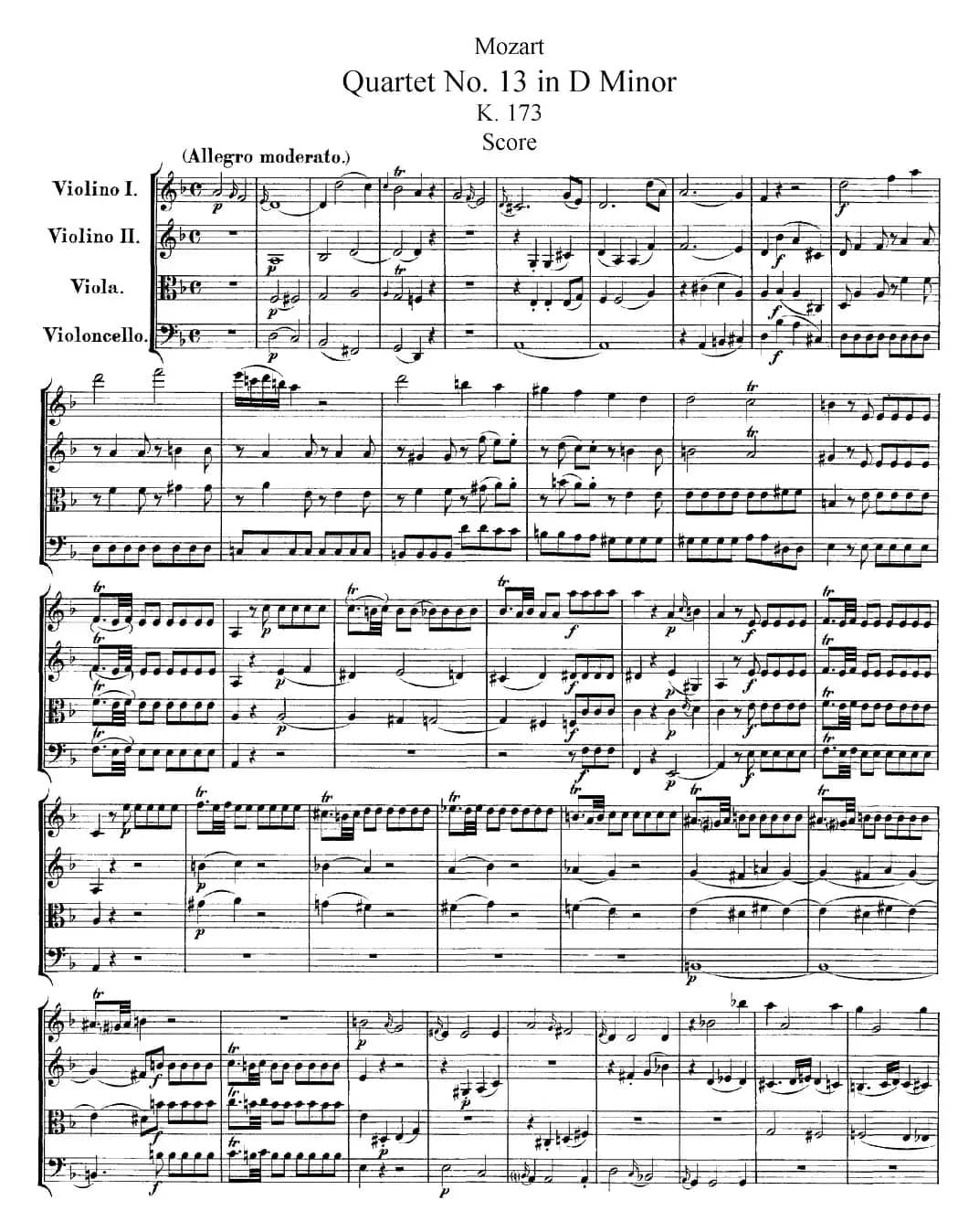 Mozart《Quartet No.13 in D Minor,K.173》（总谱）
