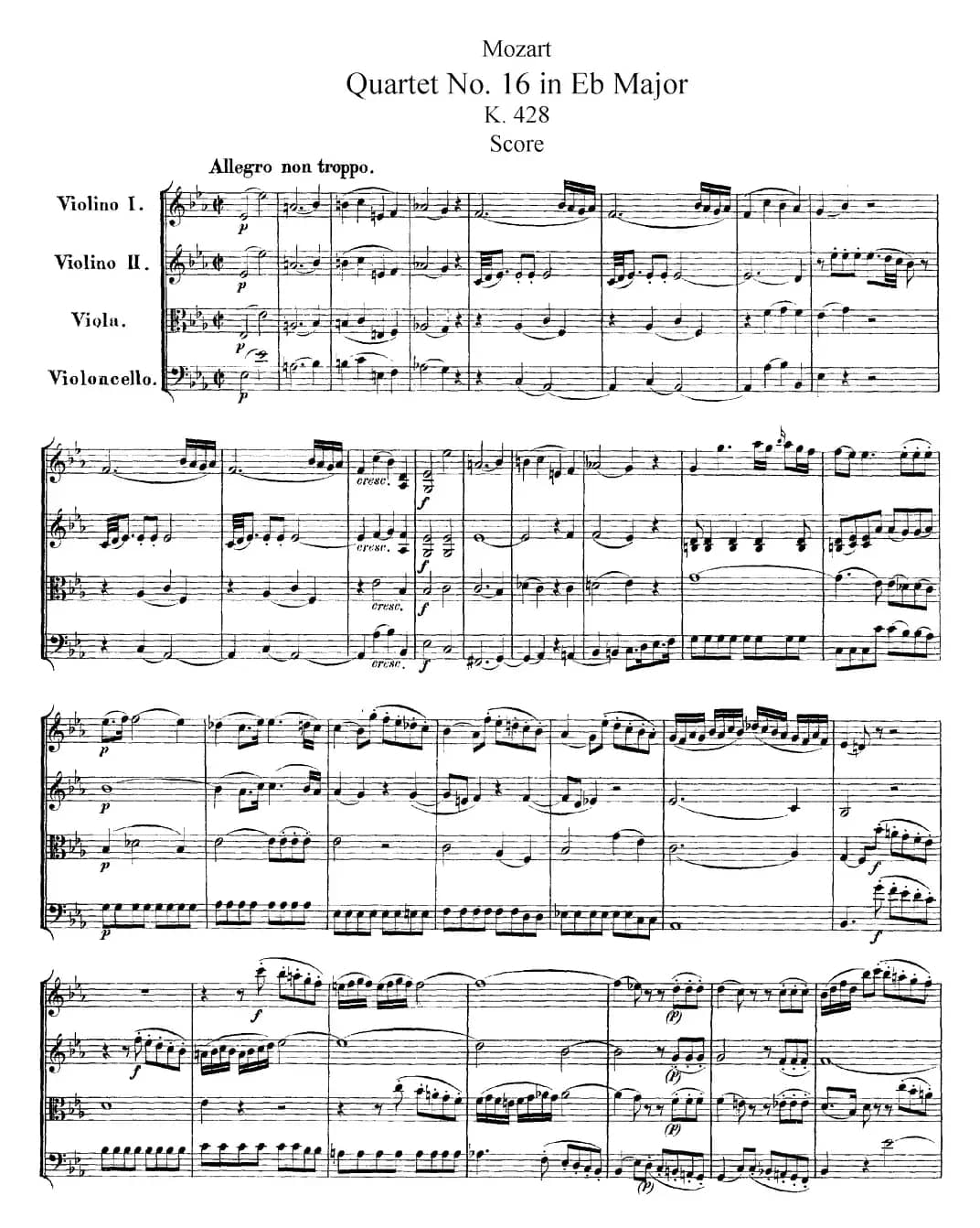 Mozart《Quartet No.16 in Eb Major,K.428》（总谱）