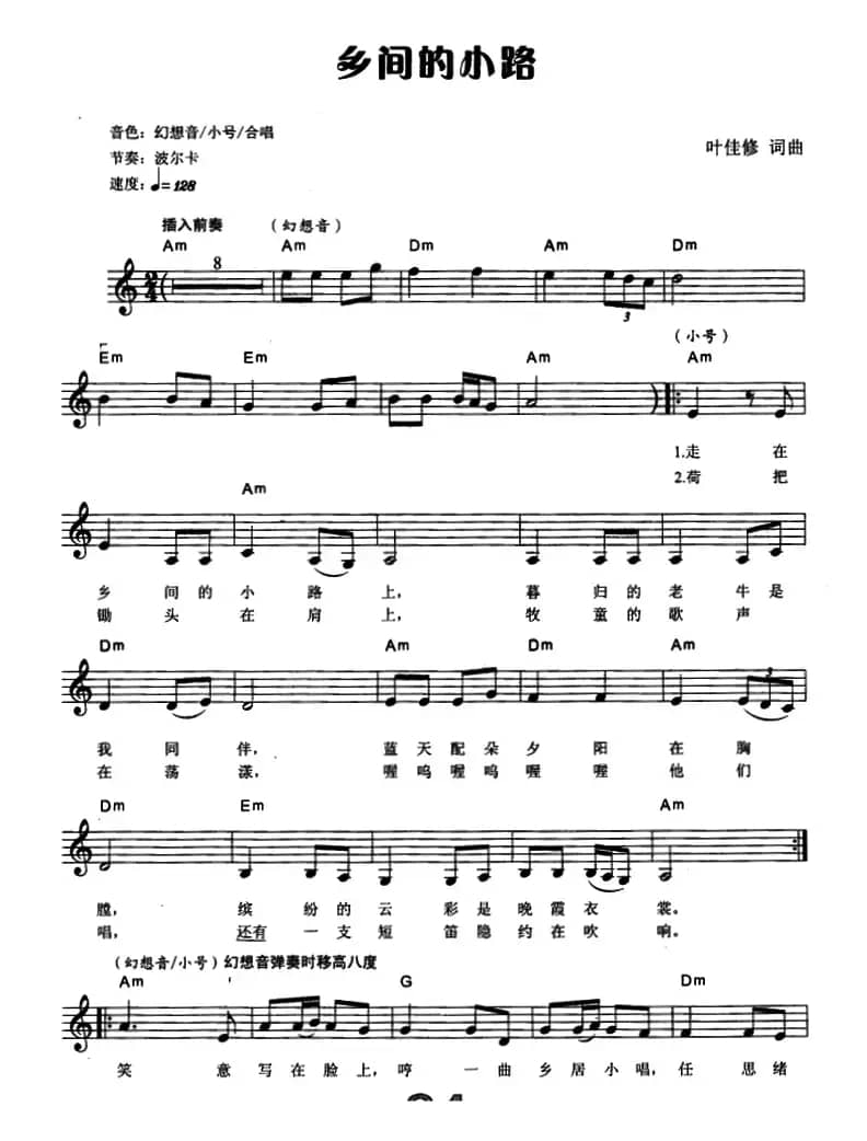 乡间的小路（电子琴弹唱谱）