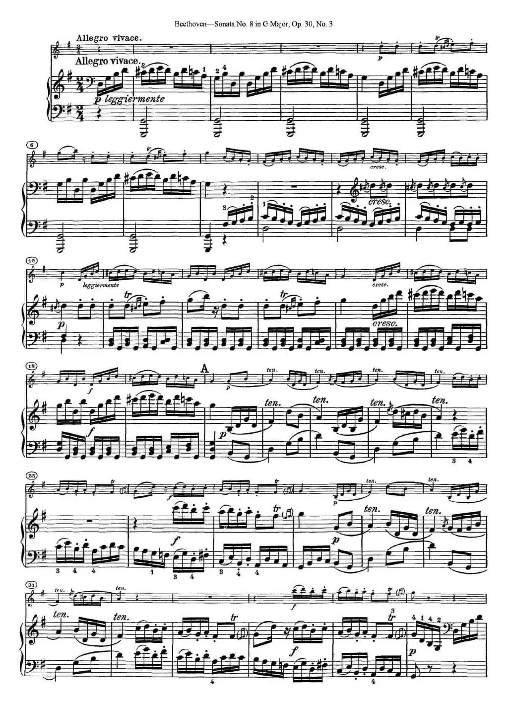 Violin Sonata No.8 in G Major Op.30 No.3（小提琴+钢琴伴奏）