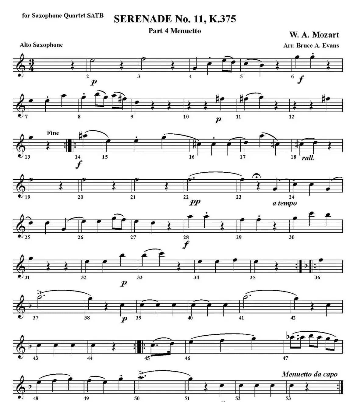 SERENADE No.11，K.375 Part 4 Menuetto（四重奏·中音萨克斯分谱）