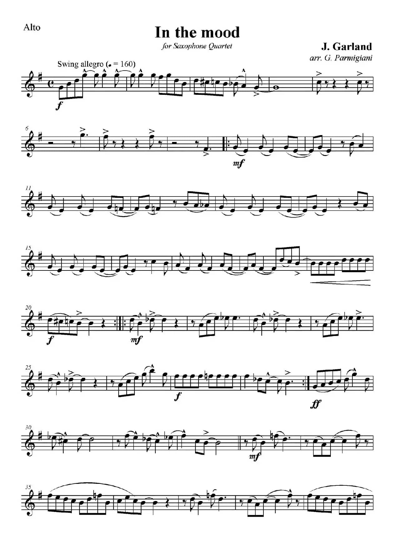 In The Mood（情绪）（四重奏中音萨克斯分谱）