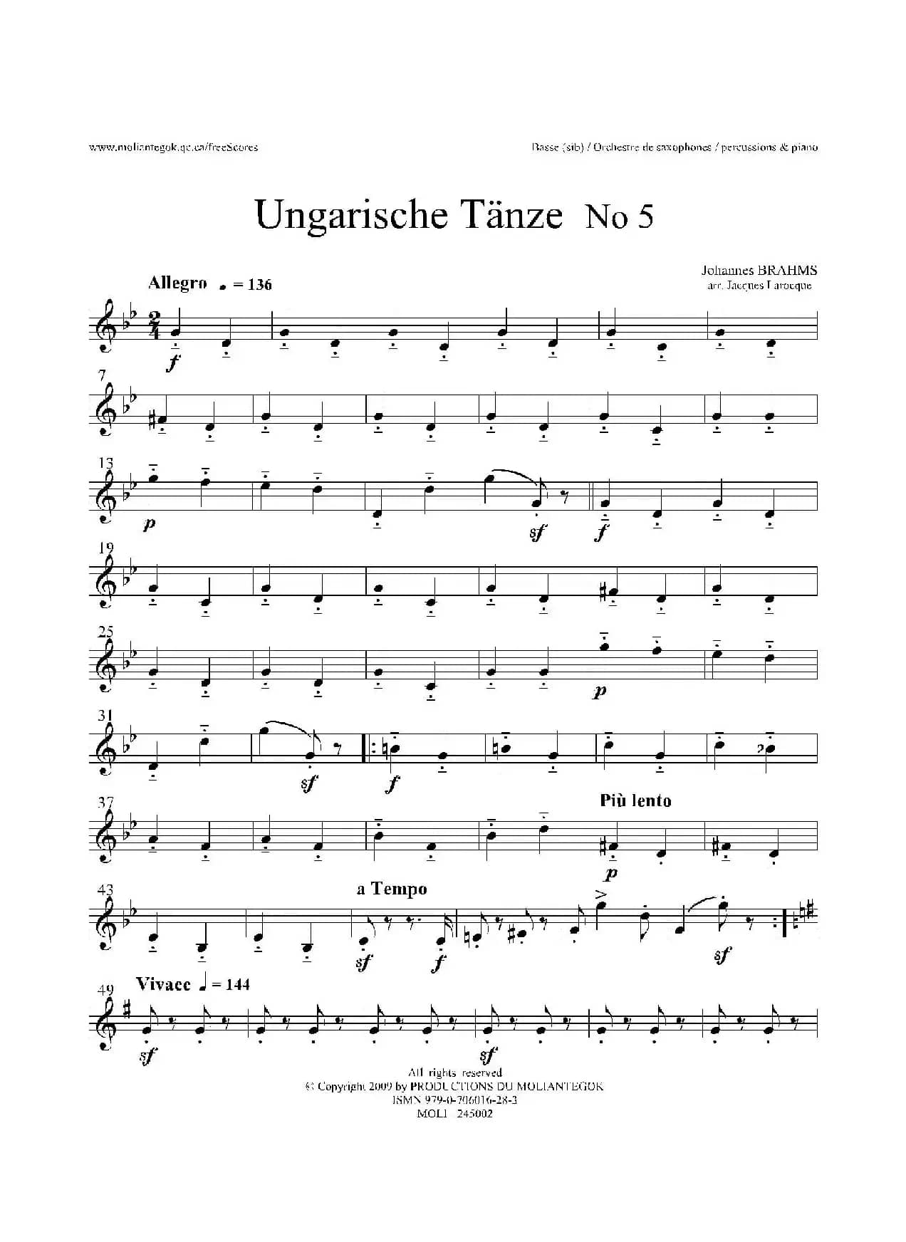 Ungarische Tnze No 5（十五重奏Basse分谱）