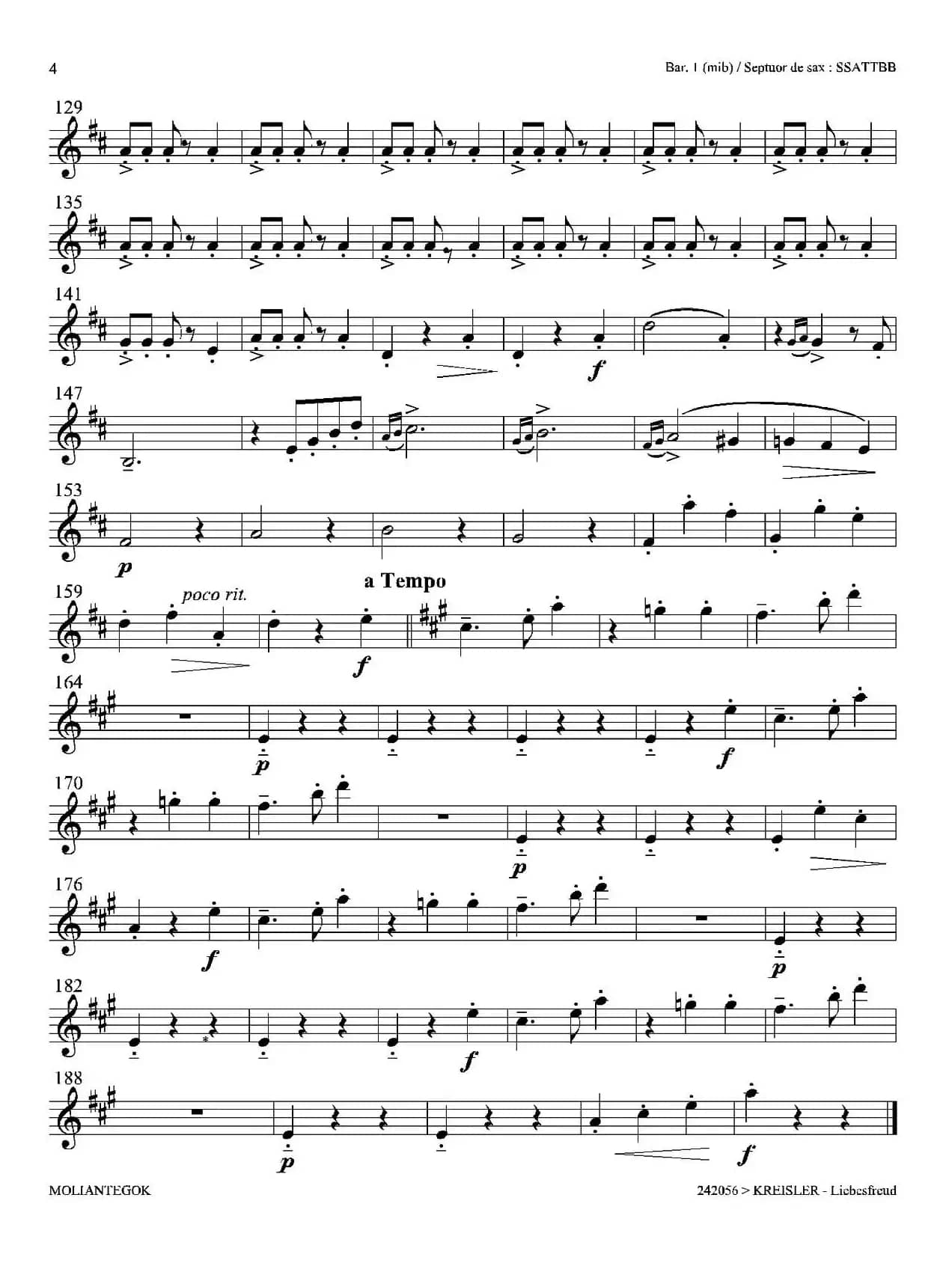 Liebesfreud（四重奏第一上低音萨克斯分谱）