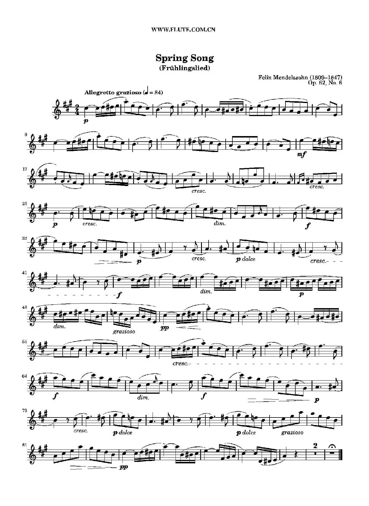 春之歌（Spring Song）作品62 （长笛+钢琴）