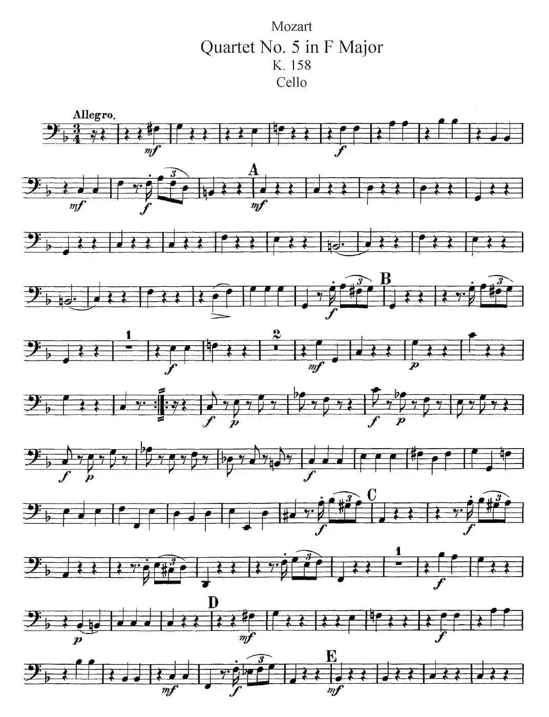 Mozart《Quartet No.5 in F Major,K.158》（Cello分谱）