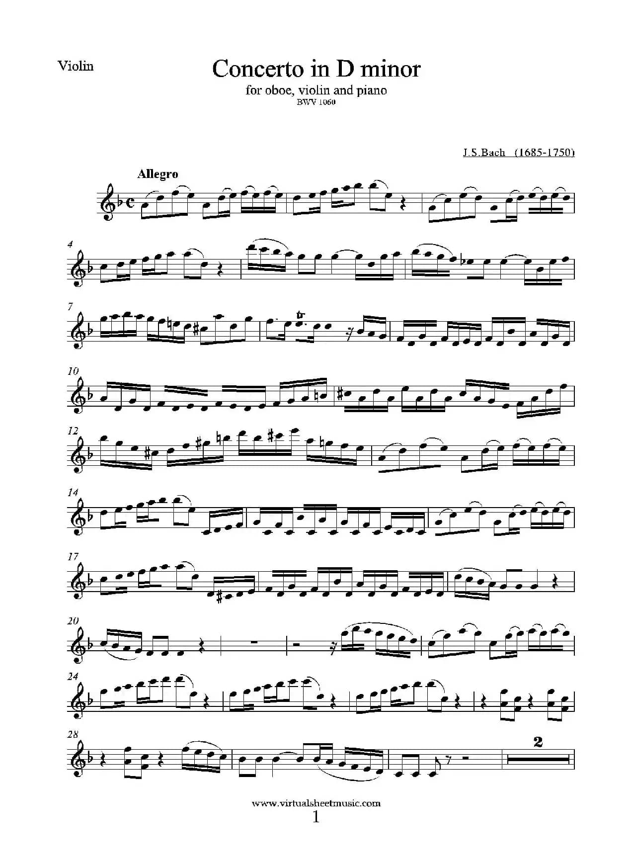 Concerto in D minor（小提琴分谱）