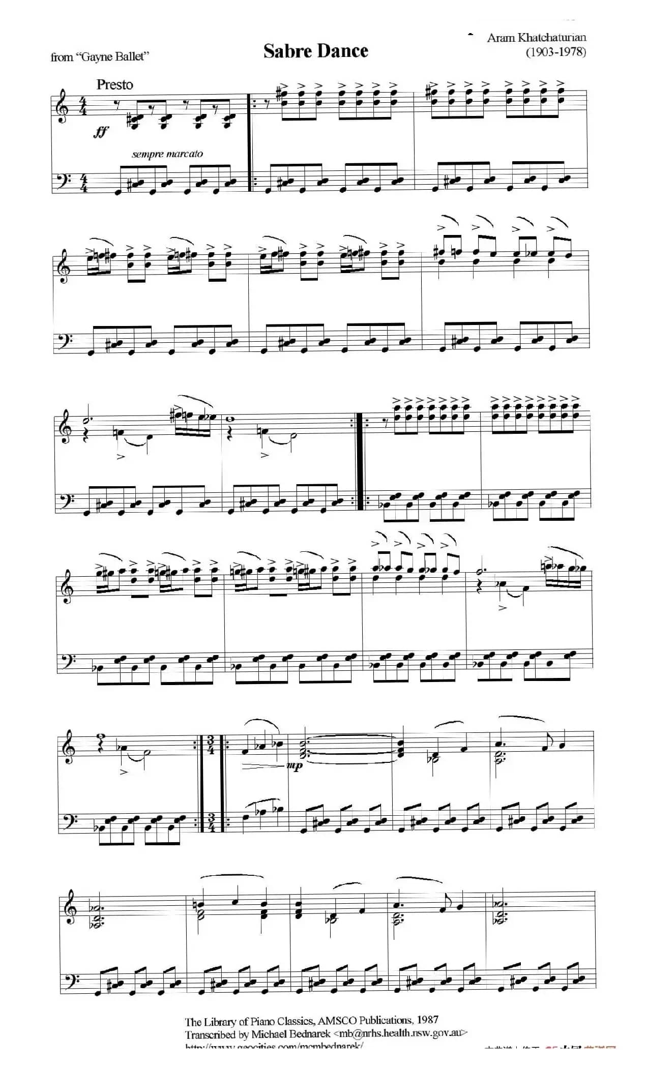 Sabre Dance（马刀舞曲）（钢琴独奏版）