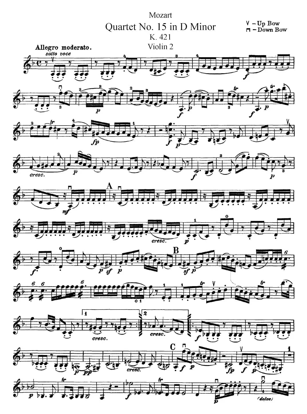 Mozart《Quartet No.15 in D Minor,K.421》（Violin 2分谱）