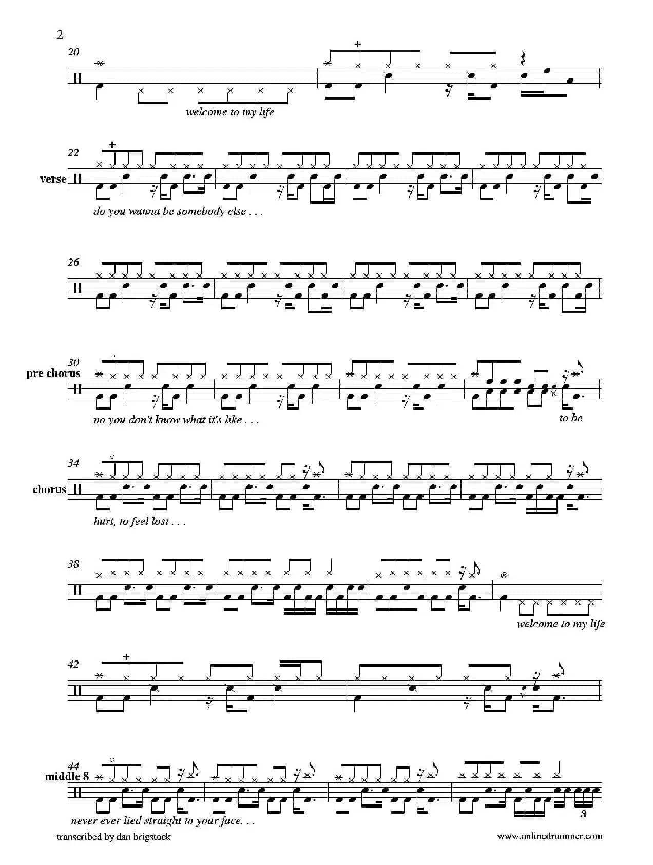 Welcome To My Life（鼓谱）