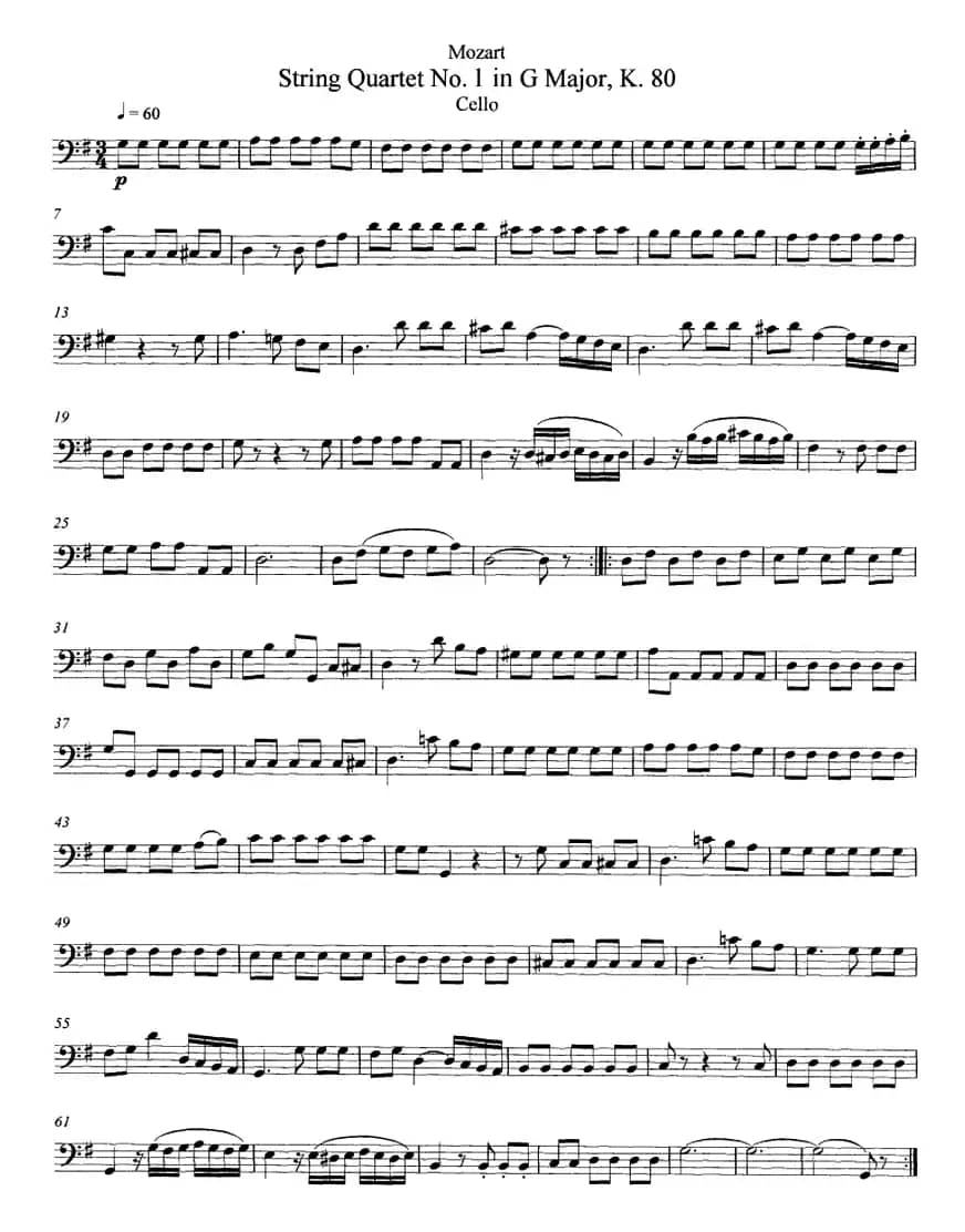 Mozart《String Quartet No.1 in G Major,K.80》（Cello分谱）