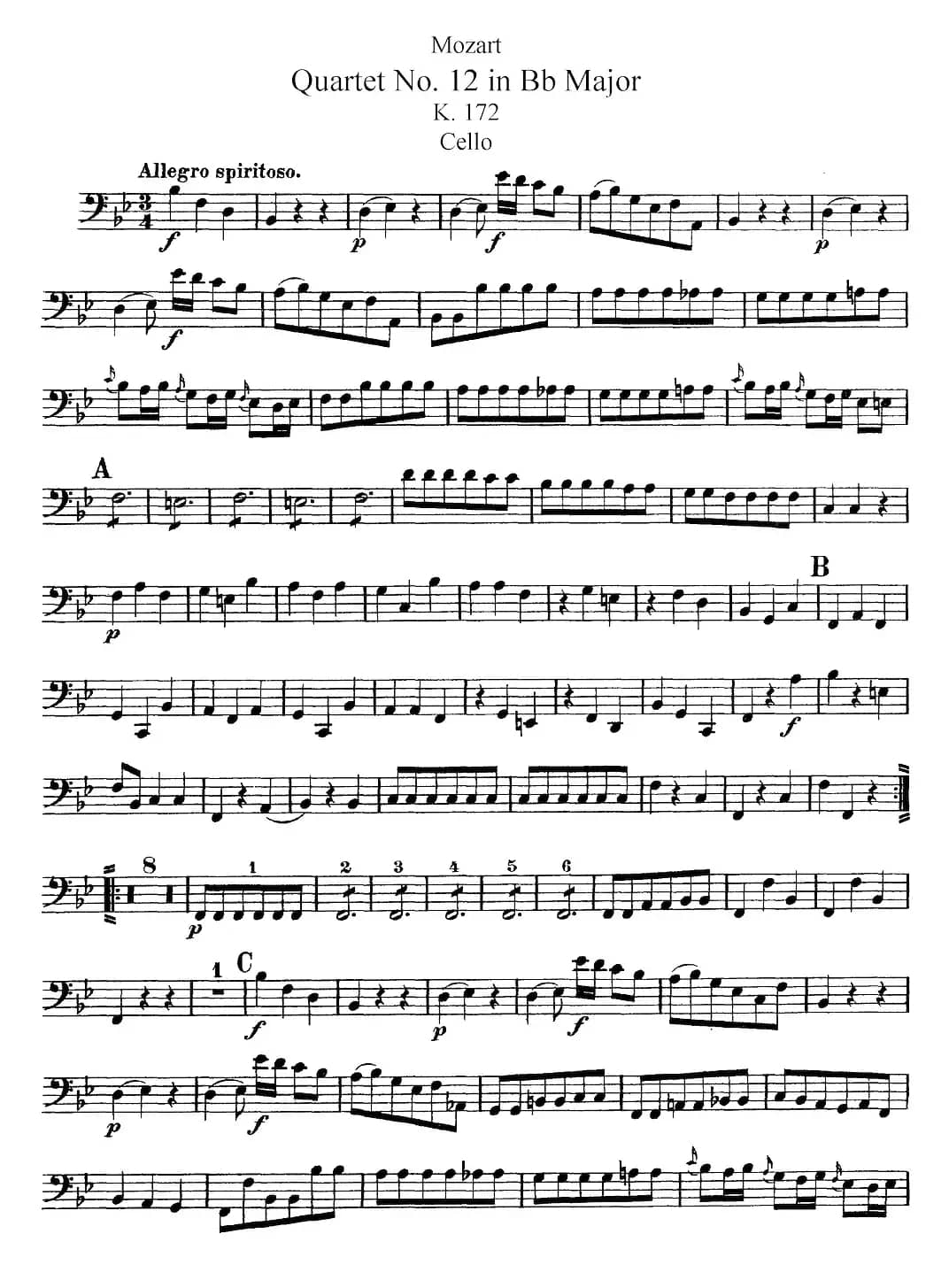Mozart《Quartet No.12 in Bb Major,K.172》（Cello分谱）