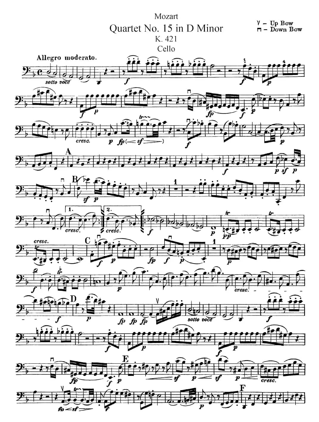 Mozart《Quartet No.15 in D Minor,K.421》（Cello分谱）