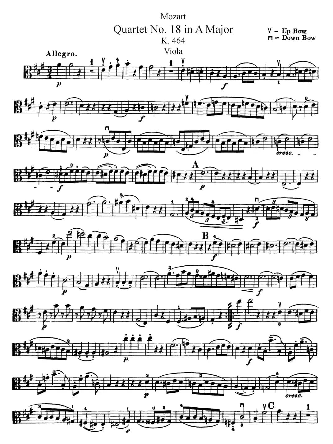 Mozart《Quartet No.18 in A Major,K.464》（Viola分谱）