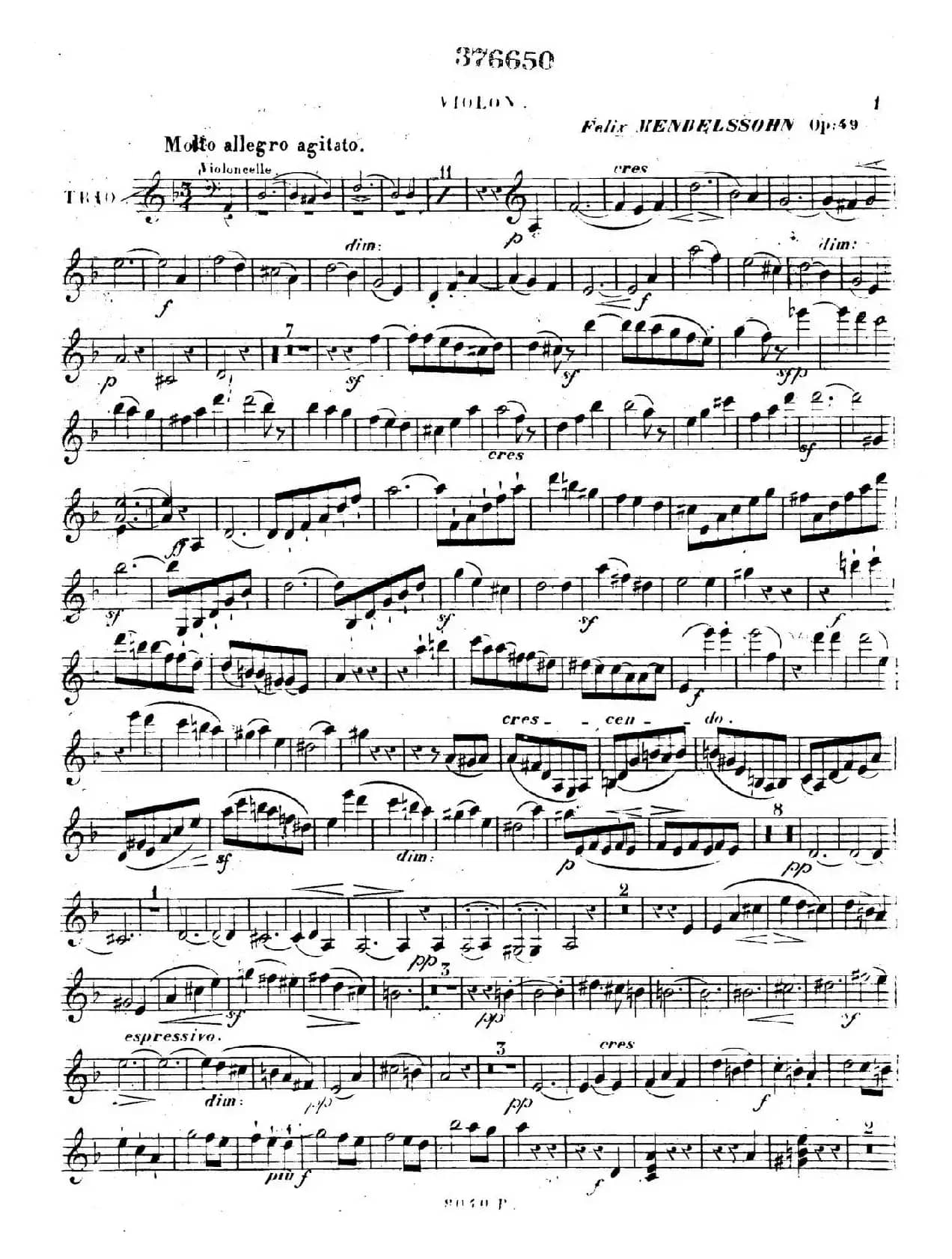 Piano Trio No.1 in d Minor Op.49（d小调第一钢琴三重奏·小提琴独奏版）