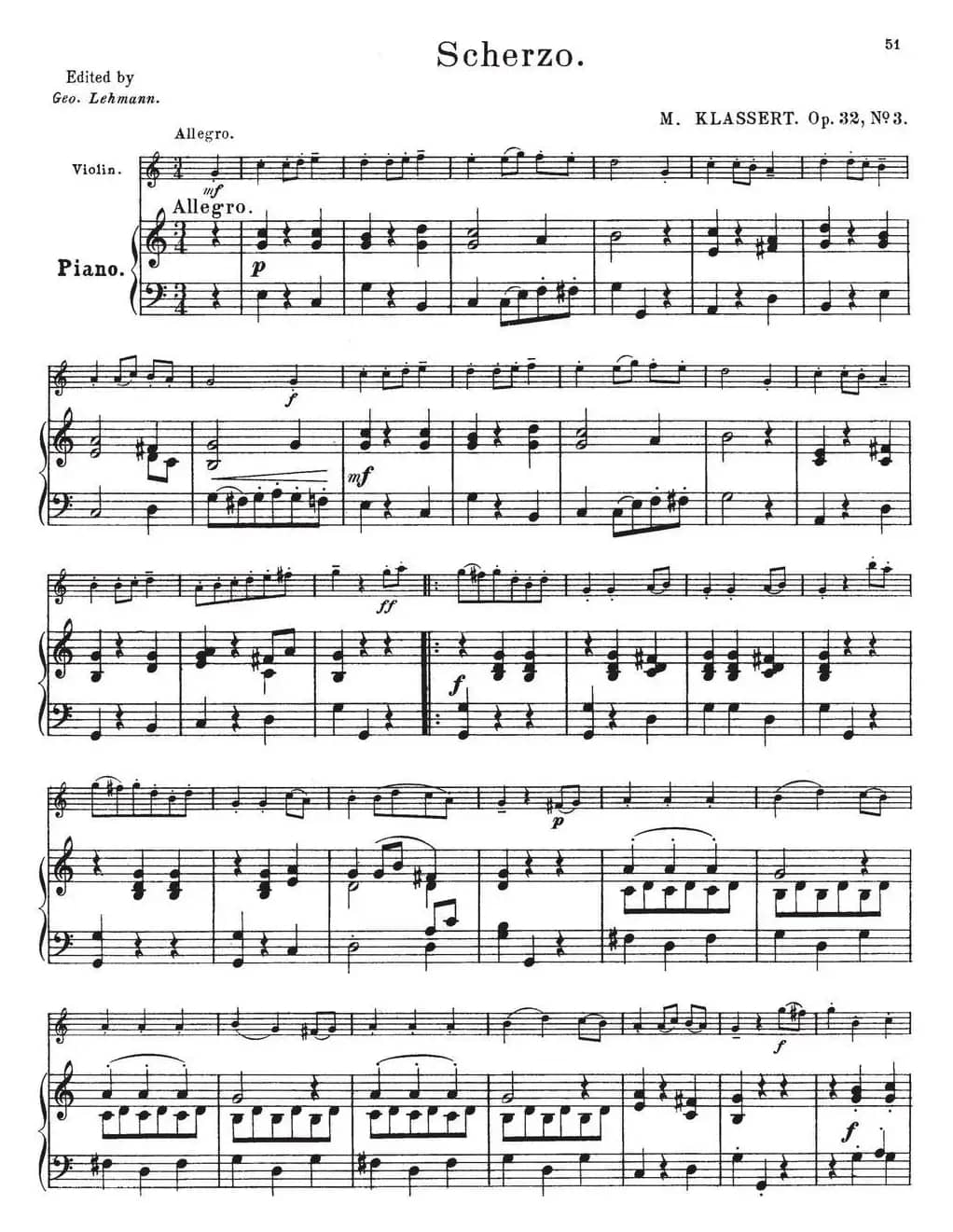 25首小提琴曲合集：Scherzo.（M. KLASSERT. Op.32，No.3）（小提琴+钢琴伴奏）