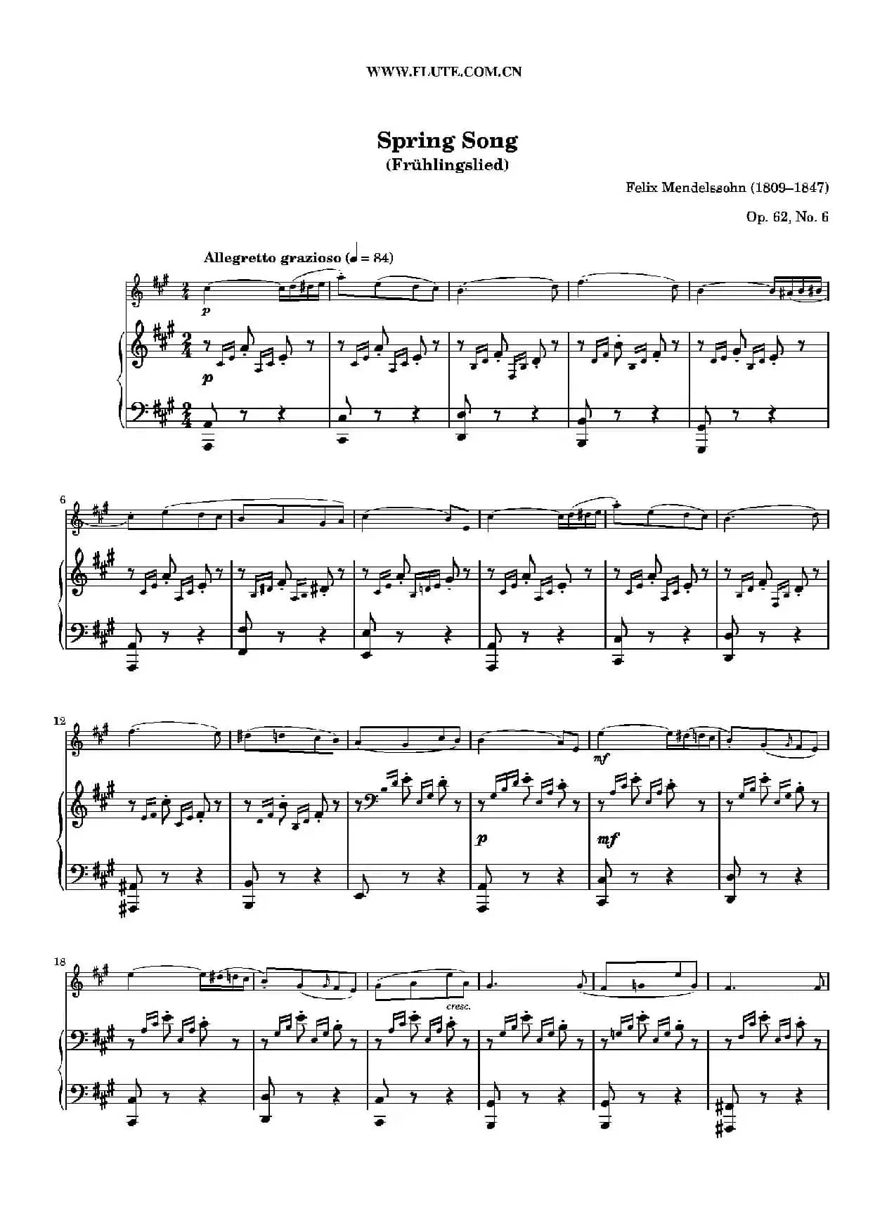 春之歌（Spring Song）作品62 （长笛+钢琴）