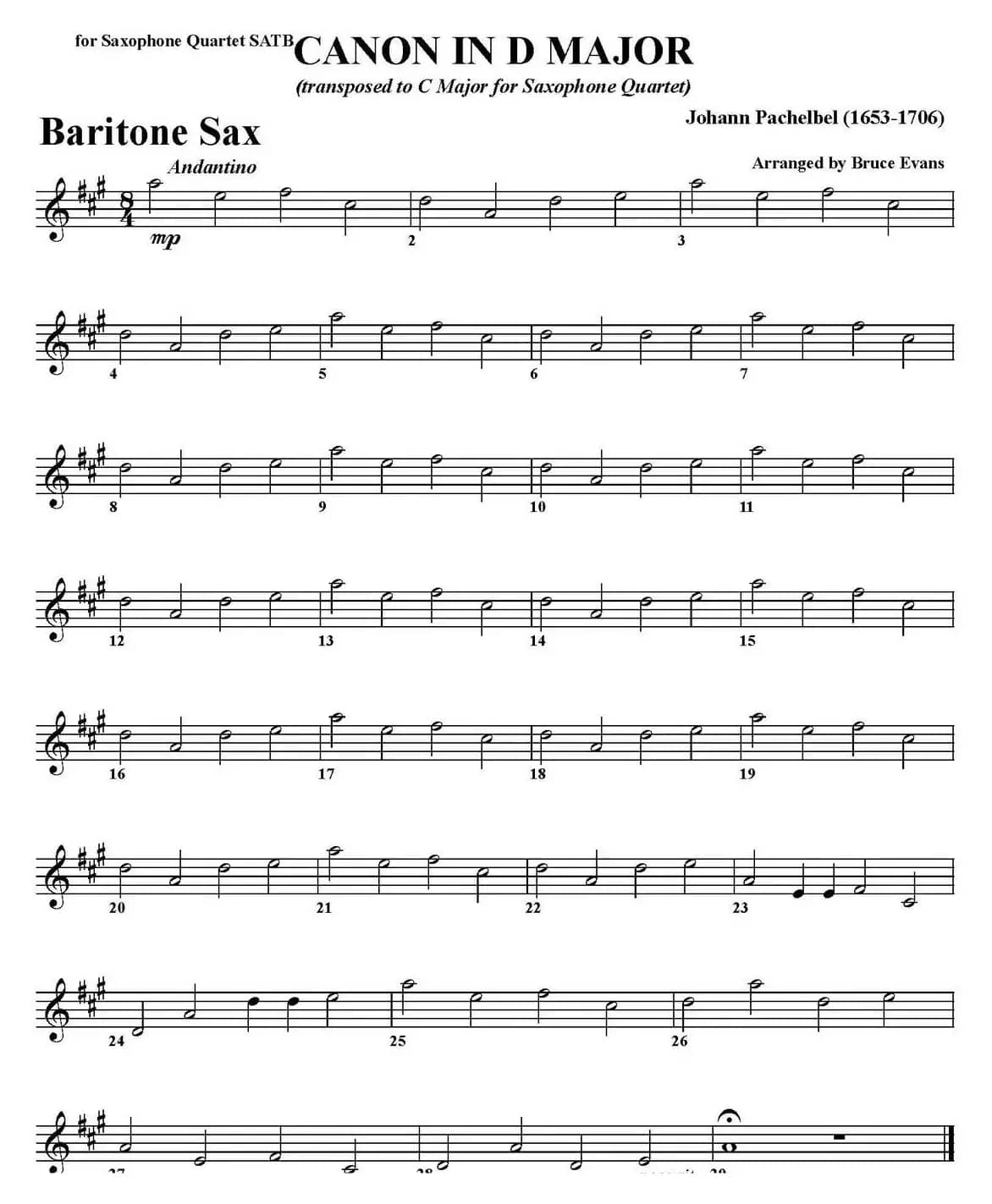 CANON IN D MAJOR（四重奏·上低音萨克斯分谱）