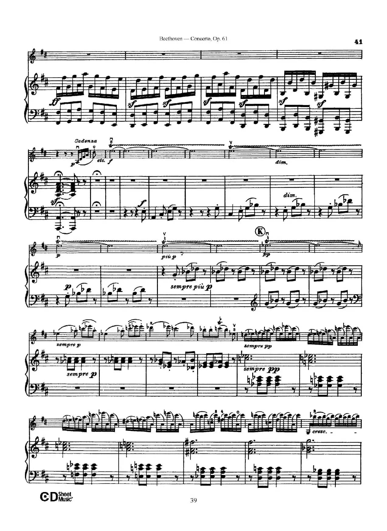 D大调小提琴协奏曲 Op.61（小提琴与钢琴版）