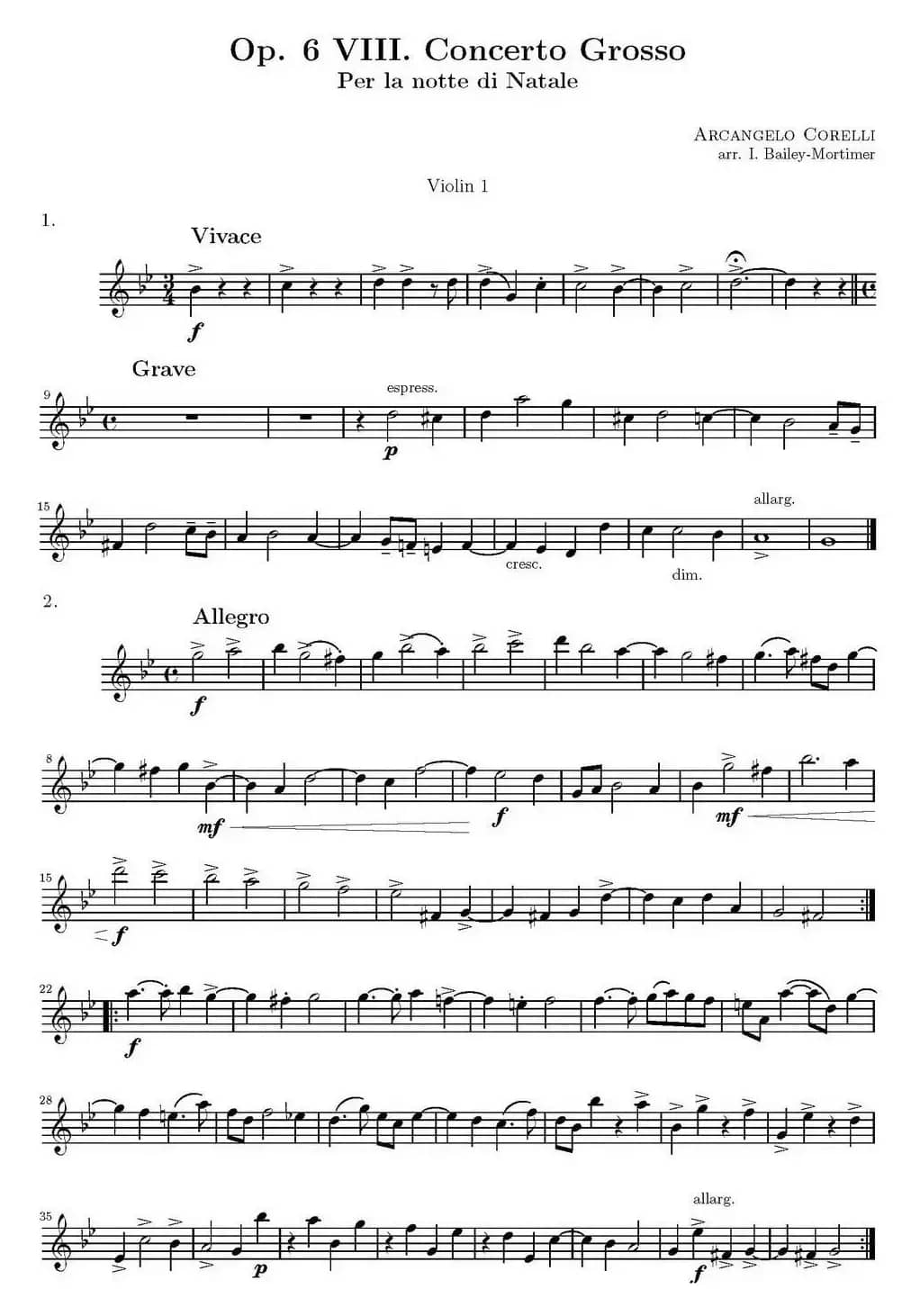 Op.6 VIII. Concerto Grosso（大协奏曲）（四重奏第一小提琴分谱）