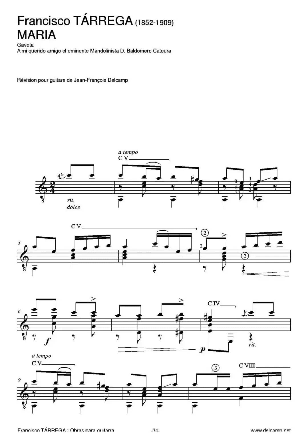 MARIA(Gavota A mi querido amigo el eminente Mandolinista D.Baldomero Cateura)（古典吉他）