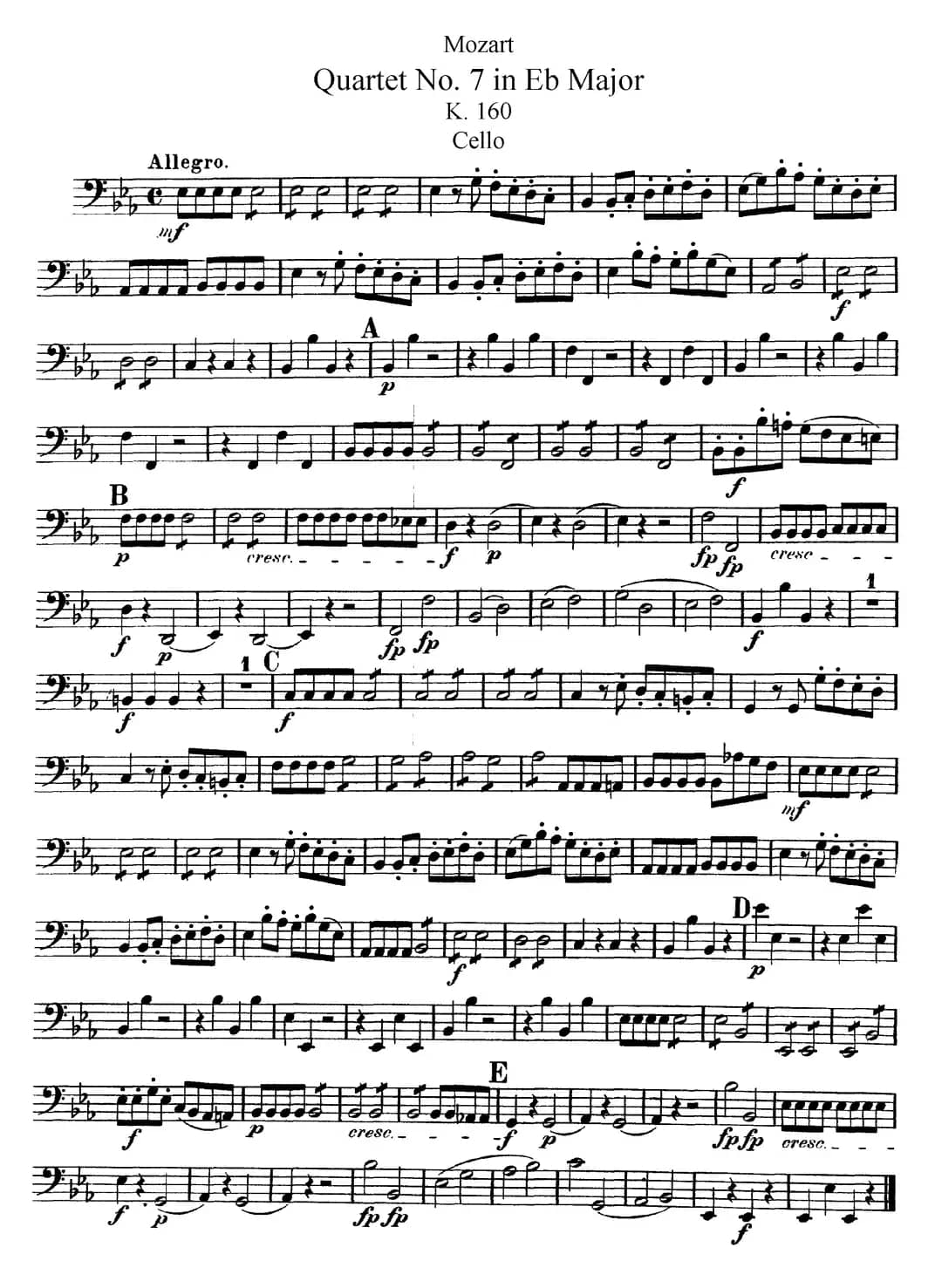 Mozart《Quartet No.7 in Eb Major,K.160》（Cello分谱）